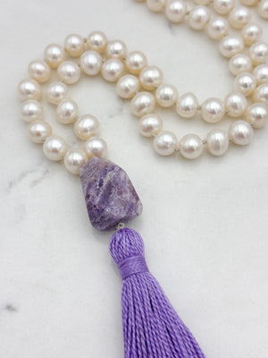 freshwater pearl mala necklace with amethyst guru bead and purple tassel | radiant malas | handmade in boulder, colorado 