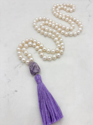 freshwater pearl mala necklace with amethyst guru bead and purple tassel | radiant malas | handmade in boulder, colorado 