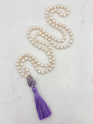 freshwater pearl mala necklace with amethyst guru bead and purple tassel | radiant malas | handmade in boulder, colorado 