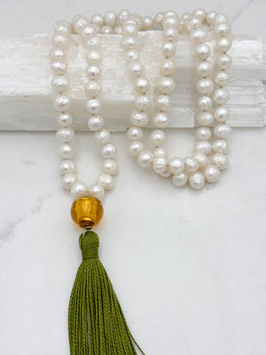 freshwater pearl mala necklace with lampwork glass guru bead and green tassel | radiant malas | handmade in boulder, colorado