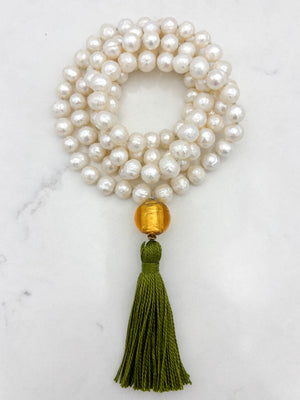 freshwater pearl mala necklace with lampwork glass guru bead and green tassel | radiant malas | handmade in boulder, colorado
