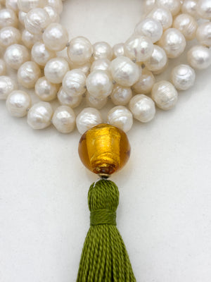 freshwater pearl mala necklace with lampwork glass guru bead and green tassel | radiant malas | handmade in boulder, colorado