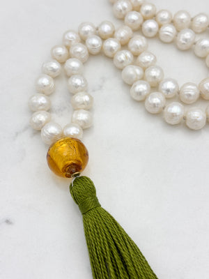 freshwater pearl mala necklace with lampwork glass guru bead and green tassel | radiant malas | handmade in boulder, colorado