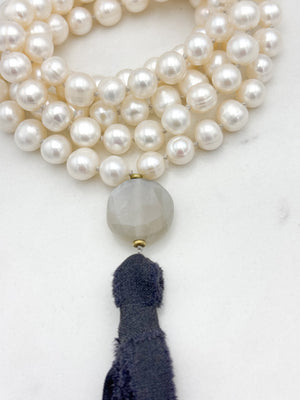 freshwater pearl mala necklace with moonstone guru bead and  dark gray silk tassel | radiant malas | handmade in boulder, colorado