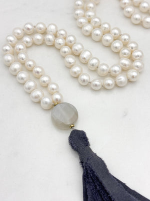 freshwater pearl mala necklace with moonstone guru bead and  dark gray silk tassel | radiant malas | handmade in boulder, colorado