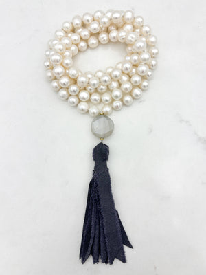 freshwater pearl mala necklace with moonstone guru bead and  dark gray silk tassel | radiant malas | handmade in boulder, colorado