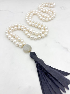 freshwater pearl mala necklace with moonstone guru bead and  dark gray silk tassel | radiant malas | handmade in boulder, colorado