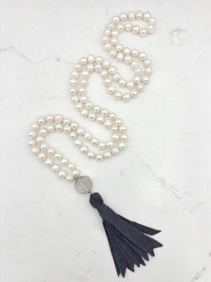 freshwater pearl mala necklace with moonstone guru bead and  dark gray silk tassel | radiant malas | handmade in boulder, colorado