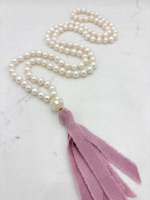 freshwater pearl mala necklace with mosaci mother of pearl guru bead and  pink silk tassel | radiant malas | handmade in boulder, colorado
