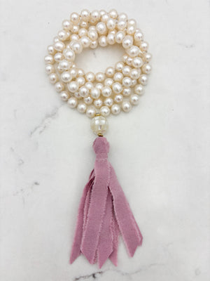 freshwater pearl mala necklace with mosaci mother of pearl guru bead and  pink silk tassel | radiant malas | handmade in boulder, colorado