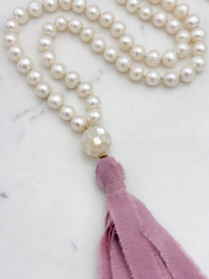 freshwater pearl mala necklace with mosaci mother of pearl guru bead and  pink silk tassel | radiant malas | handmade in boulder, colorado