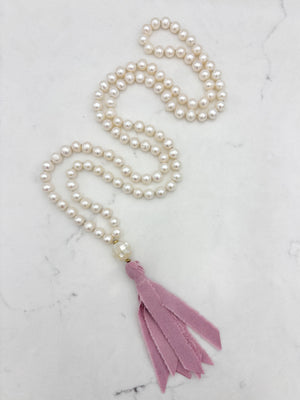 freshwater pearl mala necklace with mosaci mother of pearl guru bead and  pink silk tassel | radiant malas | handmade in boulder, colorado
