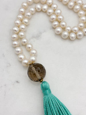 freshwater pearl mala necklace with smoky quartz guru bead and teal tassel | radiant malas | handmade in boulder, colorado 