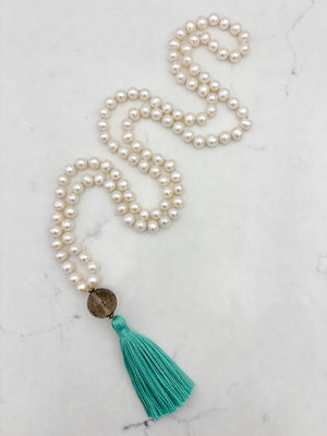 freshwater pearl mala necklace with smoky quartz guru bead and teal tassel | radiant malas | handmade in boulder, colorado 