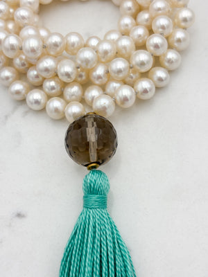 freshwater pearl mala necklace with smoky quartz guru bead and teal tassel | radiant malas | handmade in boulder, colorado 