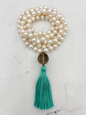 freshwater pearl mala necklace with smoky quartz guru bead and teal tassel | radiant malas | handmade in boulder, colorado 