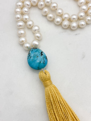 freshwater pearl mala necklace with turquoise  guru bead and gold tassel | radiant malas | handmade in boulder, colorado