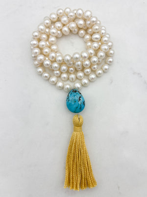 freshwater pearl mala necklace with turquoise  guru bead and gold tassel | radiant malas | handmade in boulder, colorado