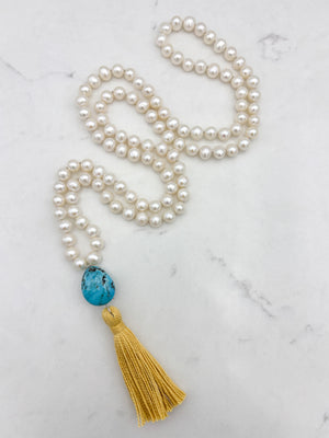 freshwater pearl mala necklace with turquoise  guru bead and gold tassel | radiant malas | handmade in boulder, colorado