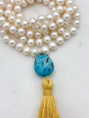freshwater pearl mala necklace with turquoise  guru bead and gold tassel | radiant malas | handmade in boulder, colorado