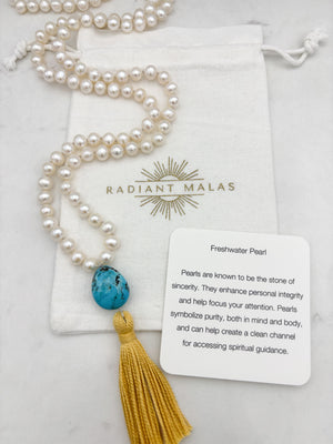 freshwater pearl mala necklace with turquoise  guru bead and gold tassel | radiant malas | handmade in boulder, colorado