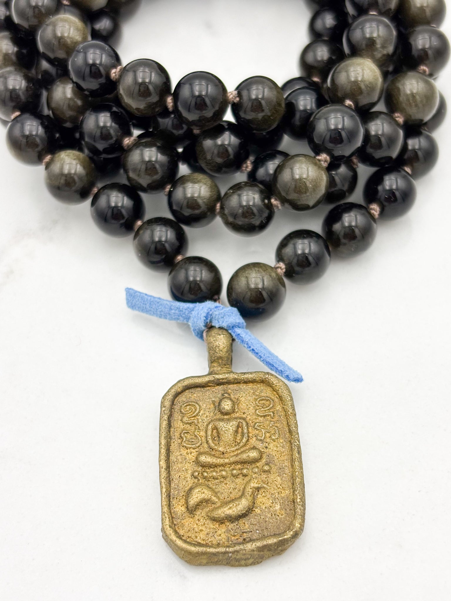 golden obsidian gemstone mala with Buddha pendant | radiant malas  handmade in boulder, colorado