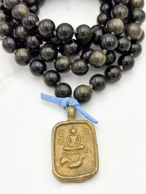 golden obsidian gemstone mala with Buddha pendant | radiant malas  handmade in boulder, colorado