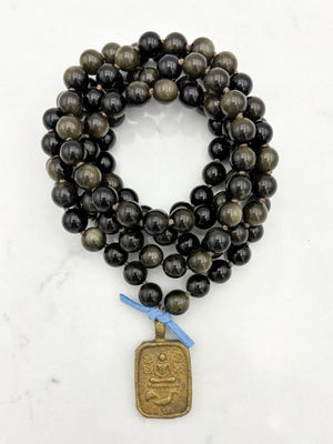 golden obsidian gemstone mala with Buddha pendant | radiant malas  handmade in boulder, colorado
