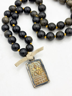 golden obsidian gemstone mala with Buddha pendant | radiant malas  handmade in boulder, colorado
