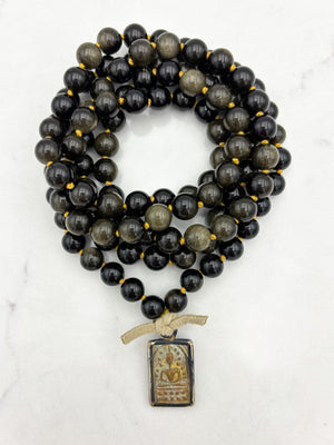 golden obsidian gemstone mala with Buddha pendant | radiant malas  handmade in boulder, colorado