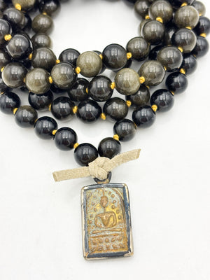 golden obsidian gemstone mala with Buddha pendant | radiant malas  handmade in boulder, colorado