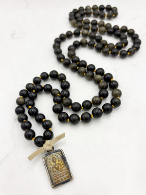 golden obsidian gemstone mala with Buddha pendant | radiant malas  handmade in boulder, colorado