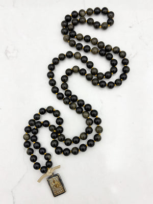golden obsidian gemstone mala with Buddha pendant | radiant malas  handmade in boulder, colorado