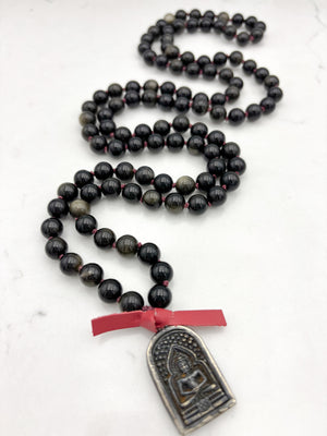 golden obsidian gemstone mala with Buddha pendant | radiant malas  handmade in boulder, colorado