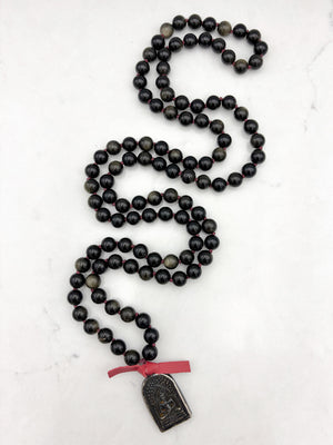 golden obsidian gemstone mala with Buddha pendant | radiant malas  handmade in boulder, colorado
