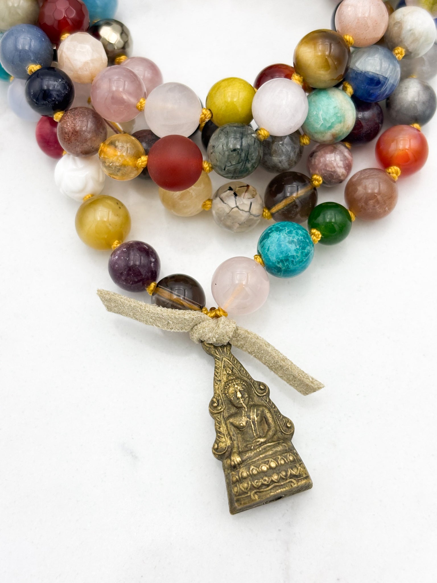mixed gemstone mala bead necklace with brass buddha pendant | radiant malas | handmade in boulder, colorado