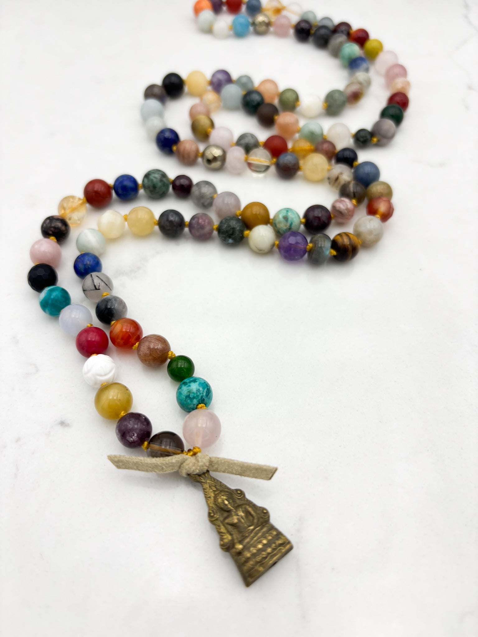 mixed gemstone mala bead necklace with brass buddha pendant | radiant malas | handmade in boulder, colorado