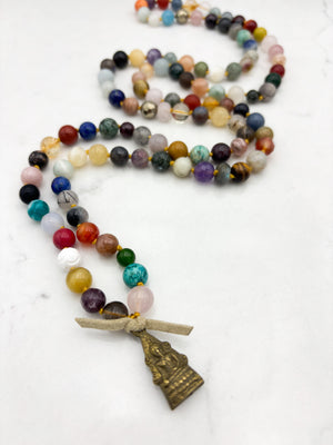 mixed gemstone mala bead necklace with brass buddha pendant | radiant malas | handmade in boulder, colorado