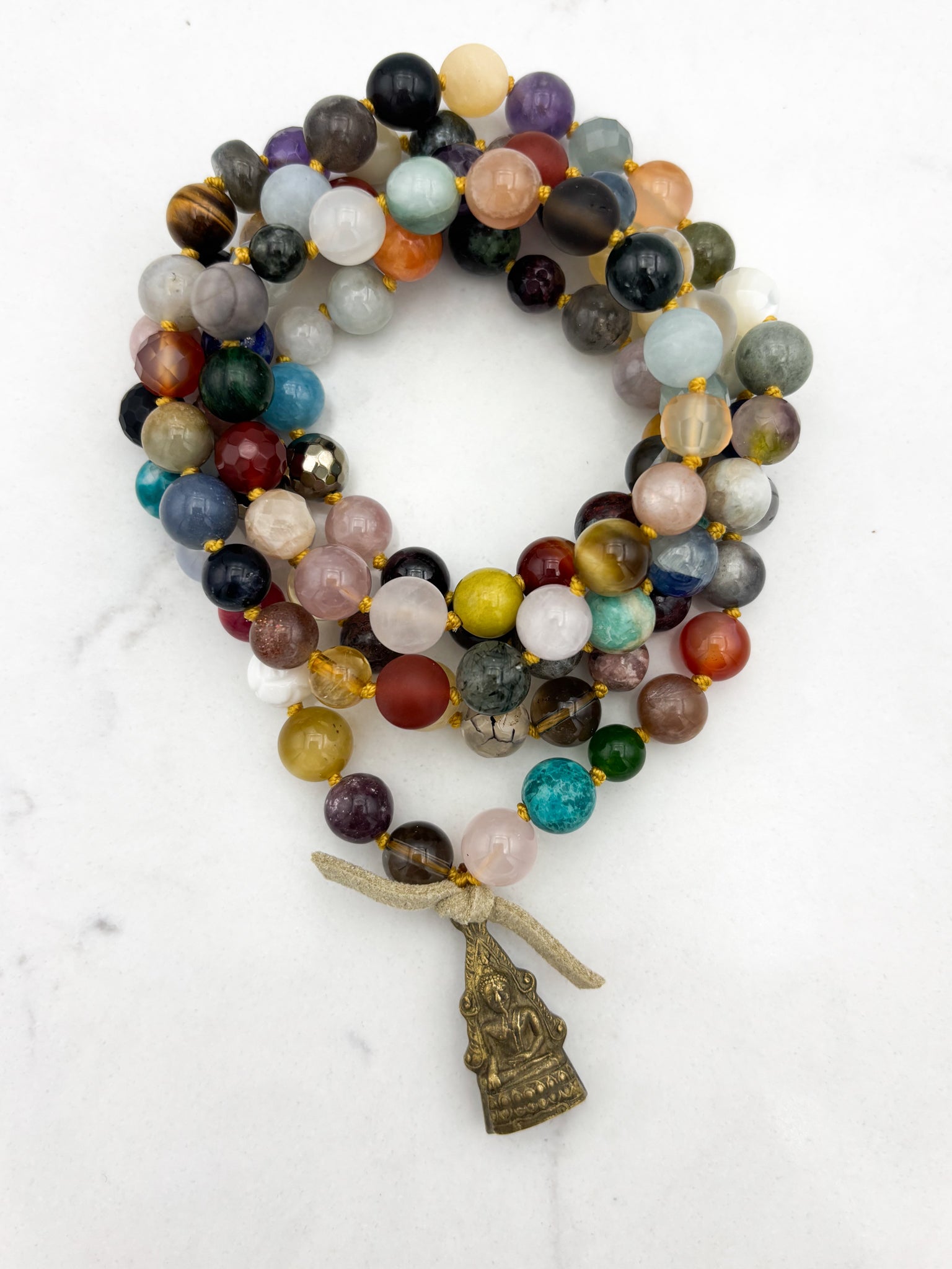 mixed gemstone mala bead necklace with brass buddha pendant | radiant malas | handmade in boulder, colorado
