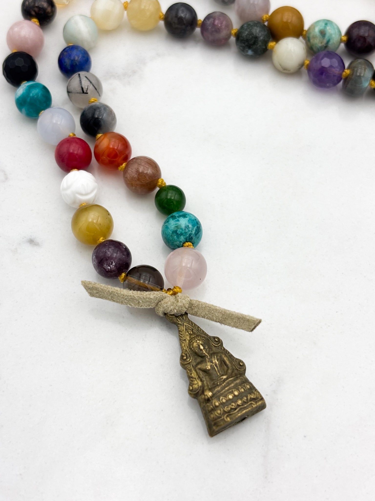 mixed gemstone mala bead necklace with brass buddha pendant | radiant malas | handmade in boulder, colorado