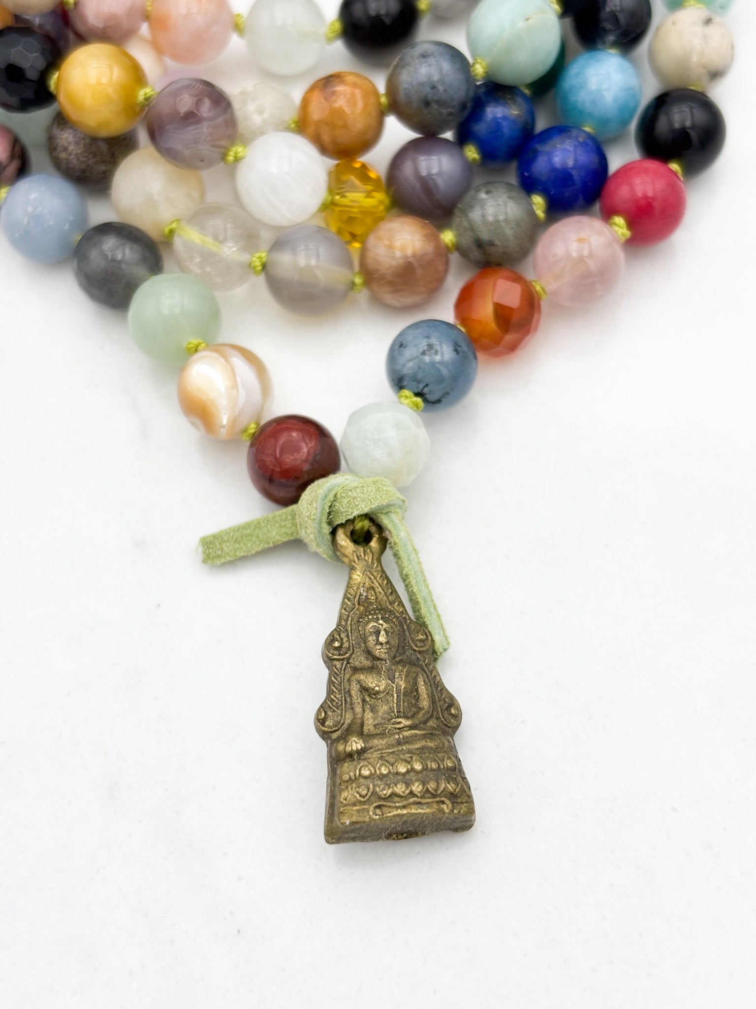 mixed gemstone mala bead necklace with brass buddha pendant | radiant malas | handmade in boulder, colorado