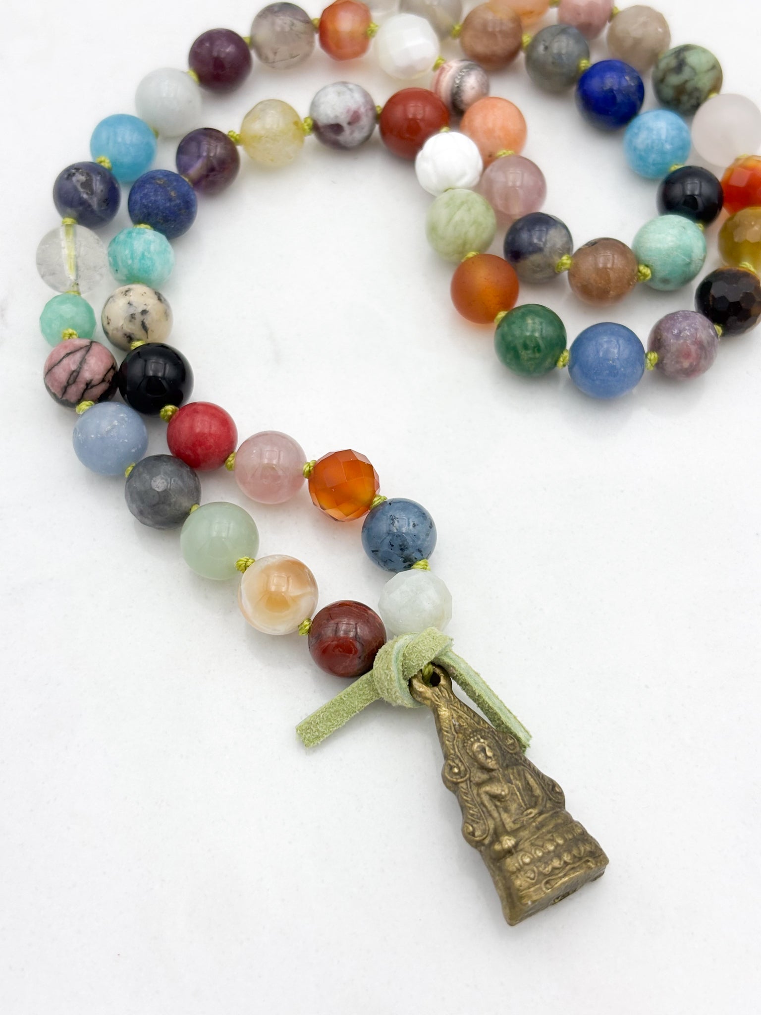 mixed gemstone mala bead necklace with brass buddha pendant | radiant malas | handmade in boulder, colorado
