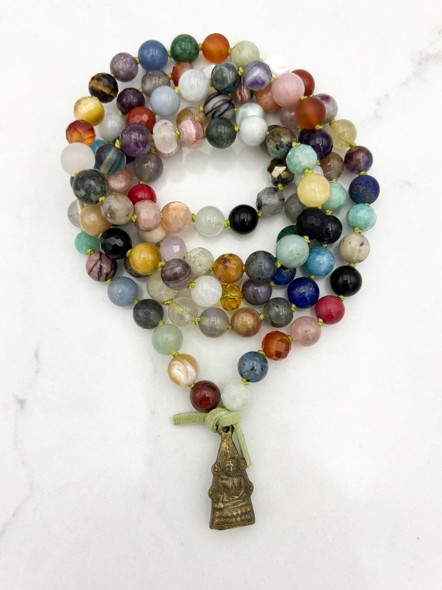 mixed gemstone mala bead necklace with brass buddha pendant | radiant malas | handmade in boulder, colorado