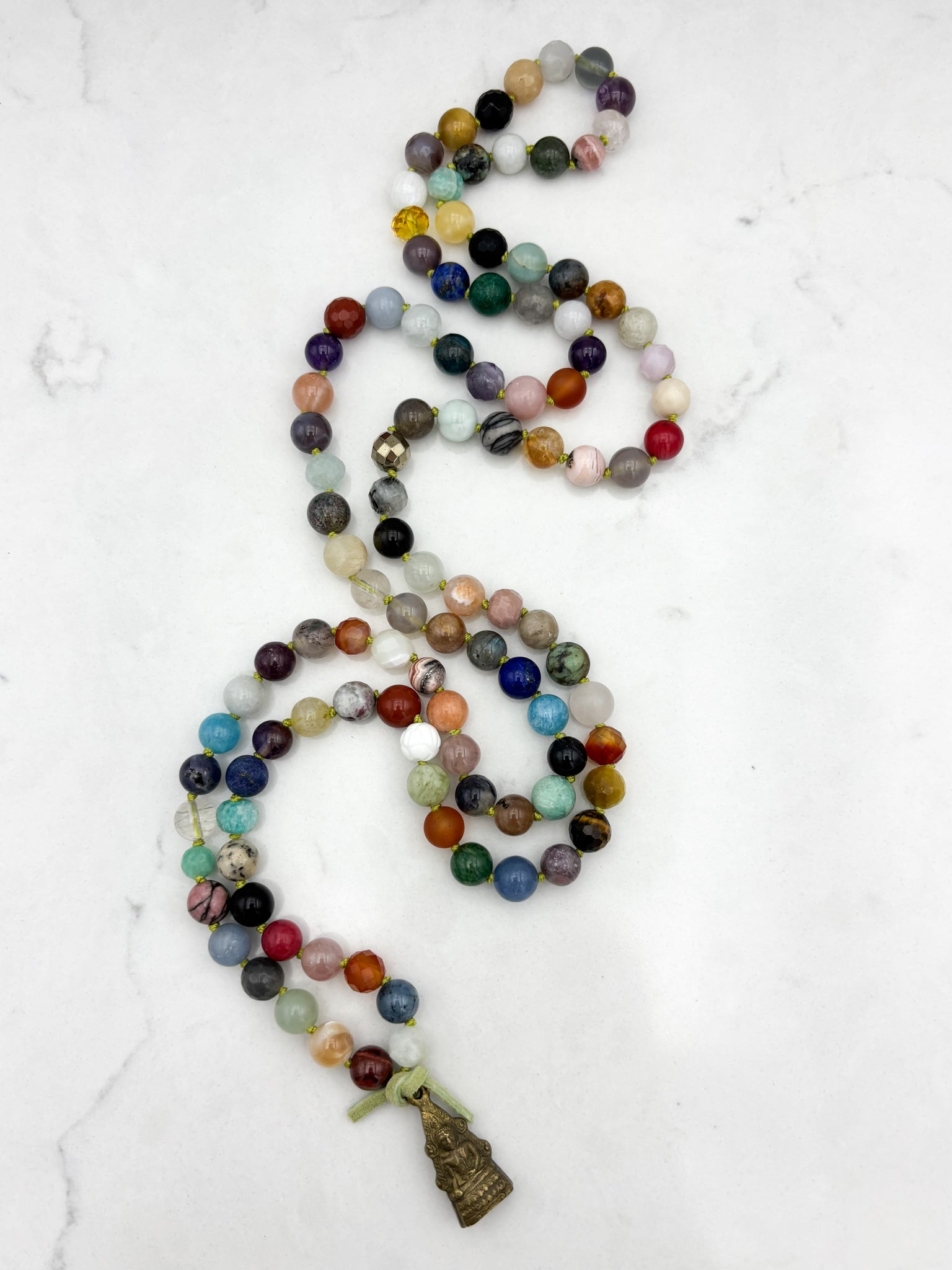 mixed gemstone mala bead necklace with brass buddha pendant | radiant malas | handmade in boulder, colorado
