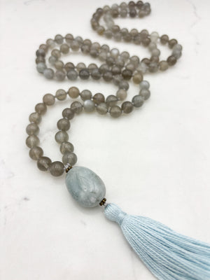 gray moonstone gemstone mala necklace with aquamarine guru bead and blue tassel | handmade in boulder, colorado | radiant malas
