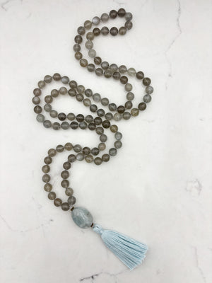 gray moonstone gemstone mala necklace with aquamarine guru bead and blue tassel | handmade in boulder, colorado | radiant malas