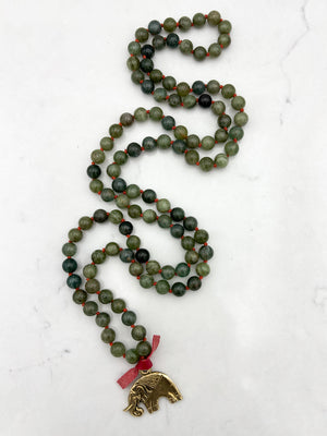 green apatite gemstone mala with brass elephant pendant | radiant malas | handmade in boulder, colorado