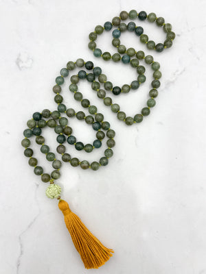 green apatite gemstone mala with carved lemon turquoise guru bead and gold tassel | radiant malas | handmade in boulder, colorado