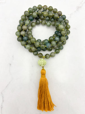 green apatite gemstone mala with carved lemon turquoise guru bead and gold tassel | radiant malas | handmade in boulder, colorado