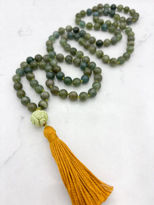 green apatite gemstone mala with carved lemon turquoise guru bead and gold tassel | radiant malas | handmade in boulder, colorado